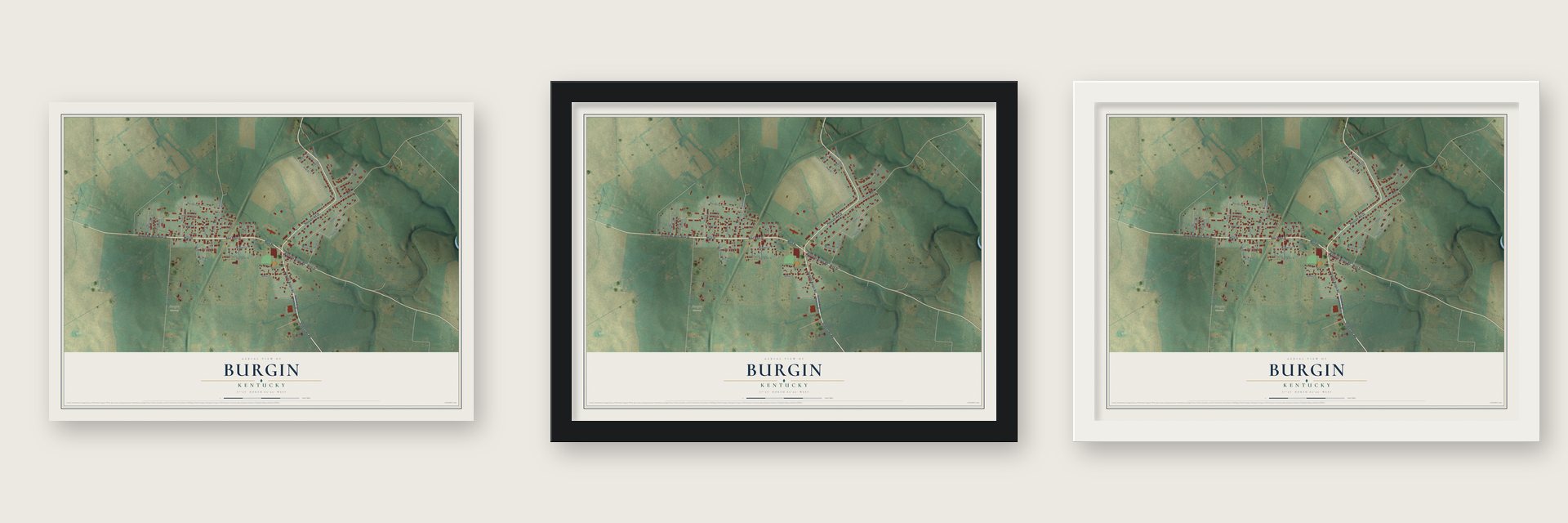 Burgin, Kentucky map unframed, in a black wood frame and in a white wood frame