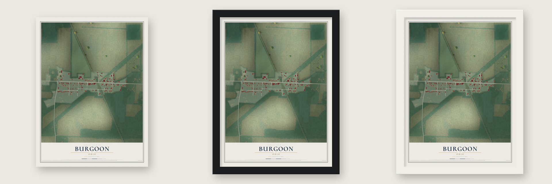 Burgoon, Ohio map unframed, in a black wood frame and in a white wood frame