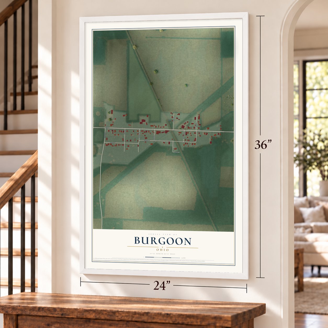 Burgoon, Ohio map, 24 x 36 inch print in a white frame by a staircase