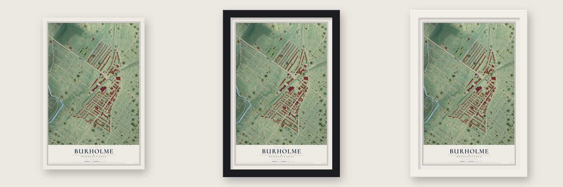 Burholme, Pennsylvania map unframed, in a black wood frame and in a white wood frame