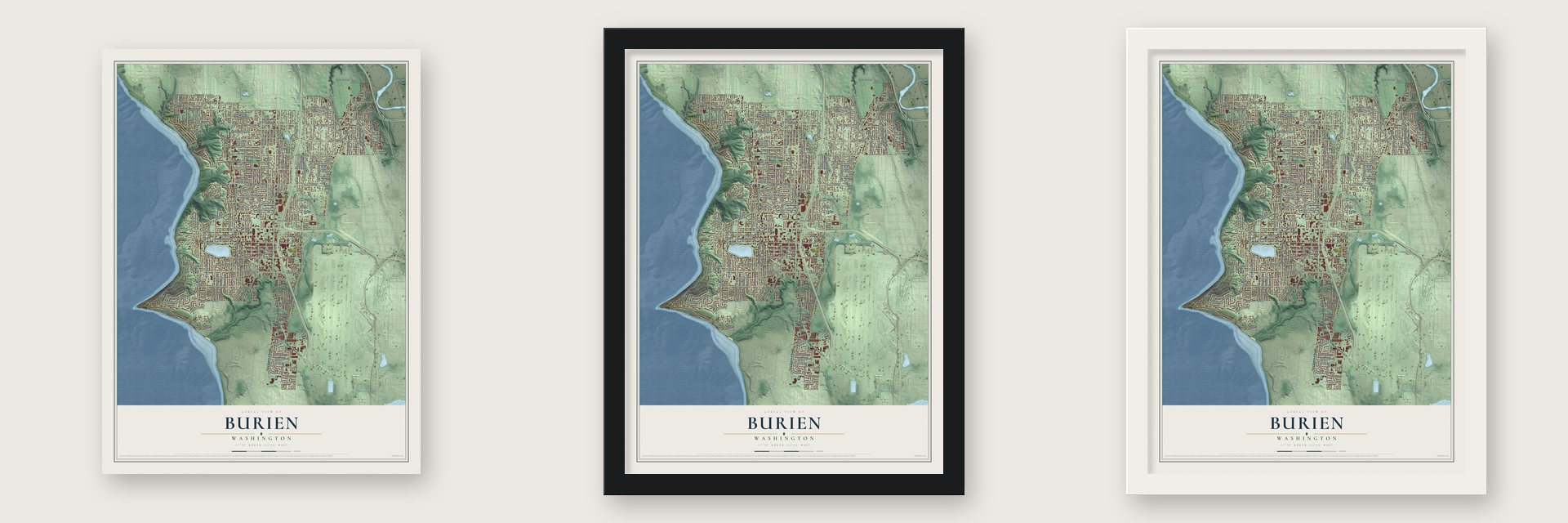 Burien, Washington map unframed, in a black wood frame and in a white wood frame