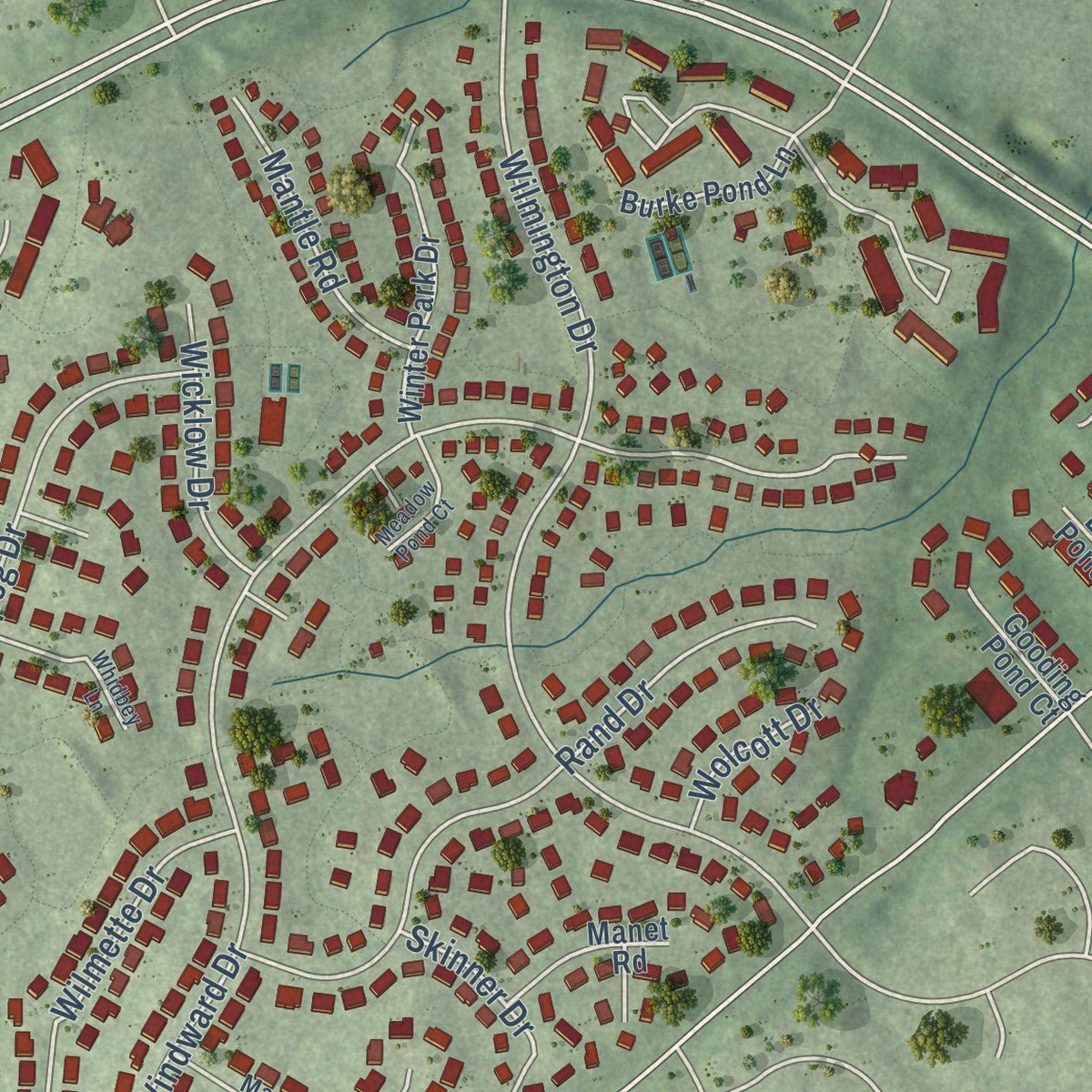 Second close-up of the map of Burke Centre, Virginia print showing more streets and buildings