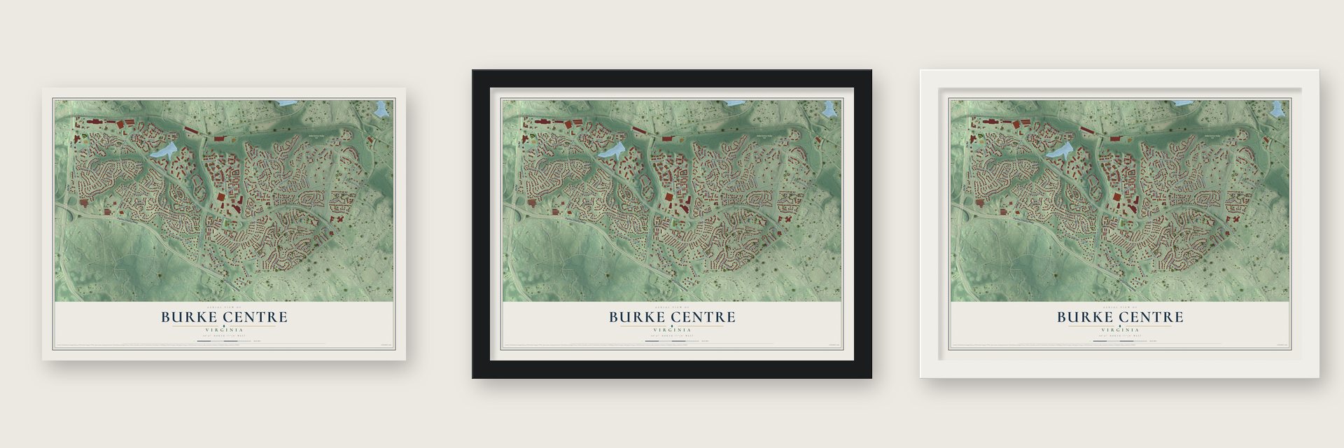 Burke Centre, Virginia map unframed, in a black wood frame and in a white wood frame