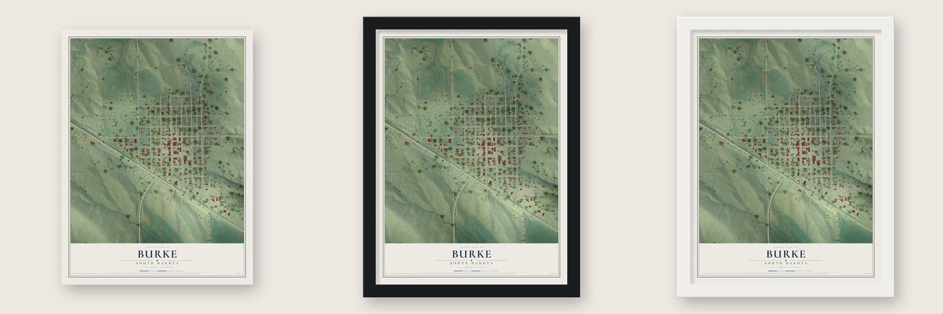 Burke, South Dakota map unframed, in a black wood frame and in a white wood frame