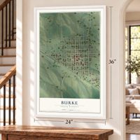 Burke, South Dakota map, 24 x 36 inch print in a white frame by a staircase