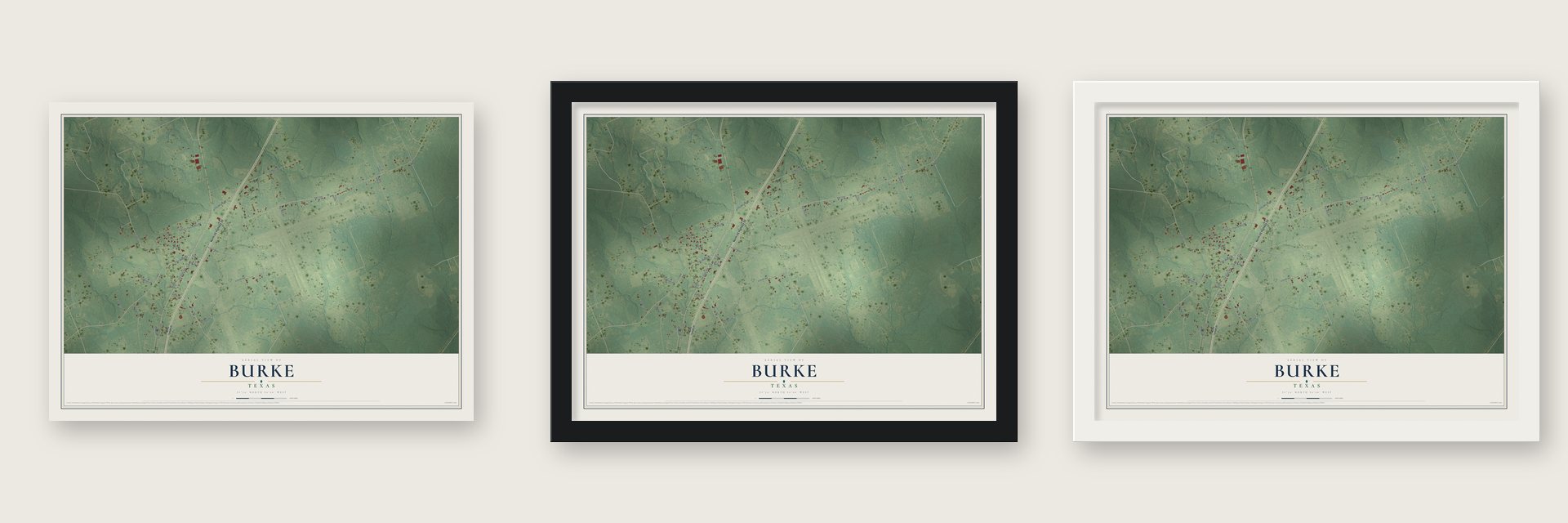 Burke, Texas map unframed, in a black wood frame and in a white wood frame