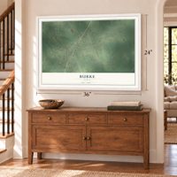 Burke, Texas map, 24 x 36 inch print in a white frame above a dresser by a staircase