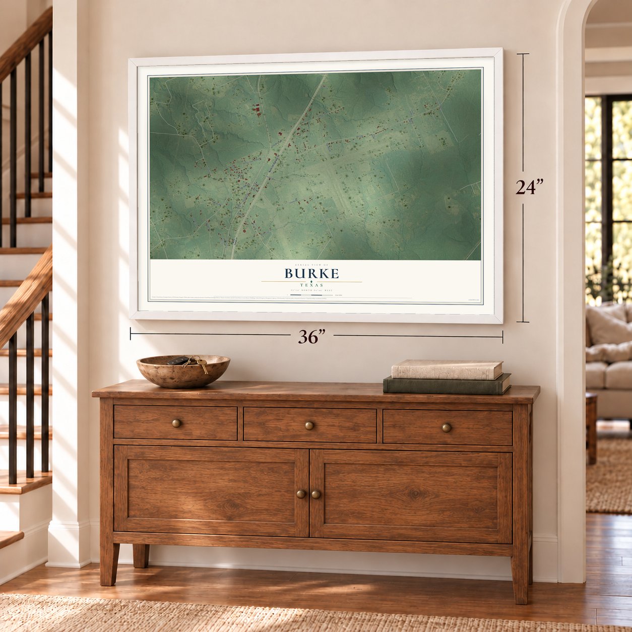 Burke, Texas map, 24 x 36 inch print in a white frame above a dresser by a staircase