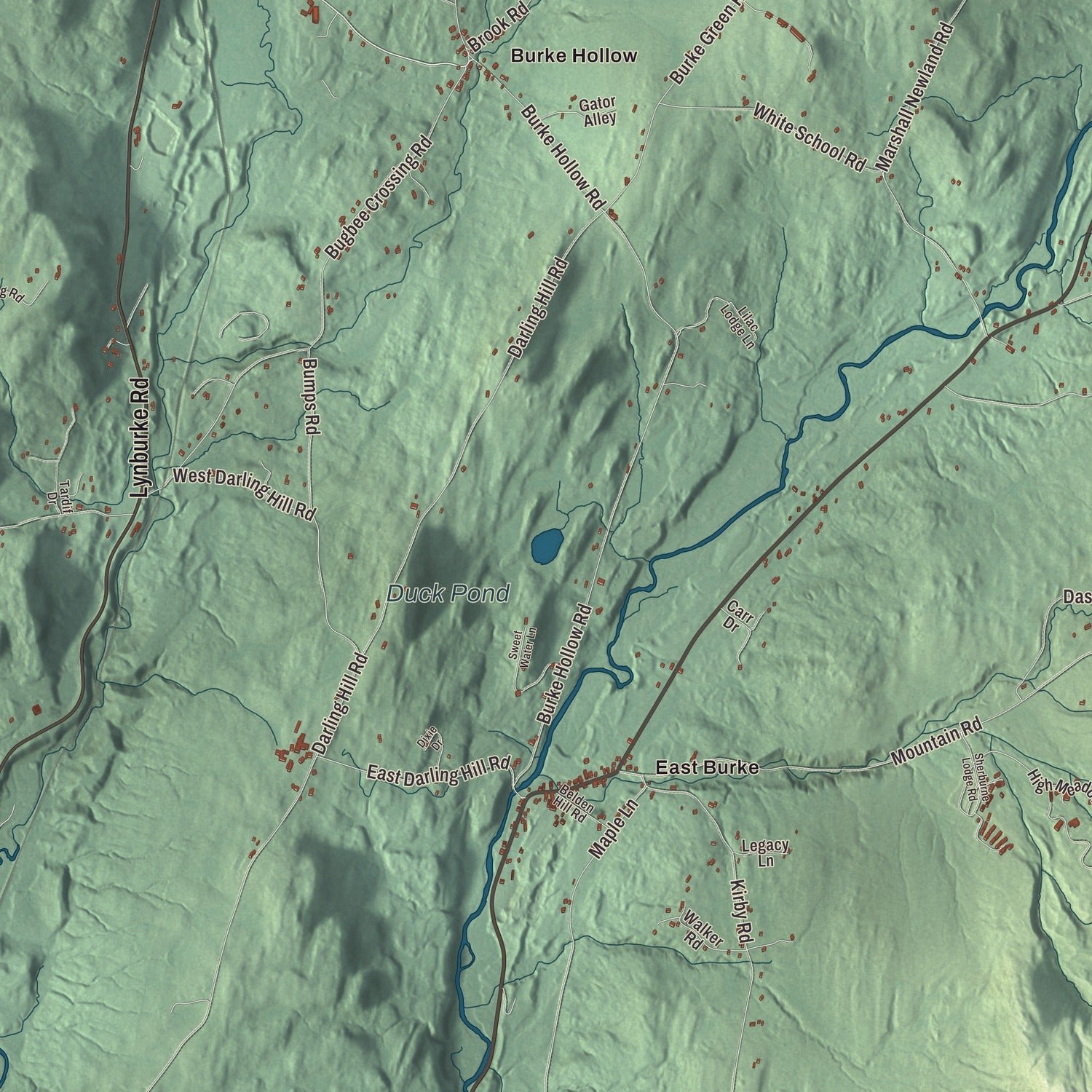 Close-up of the map of Burke, Vermont print showing terrain and local geography