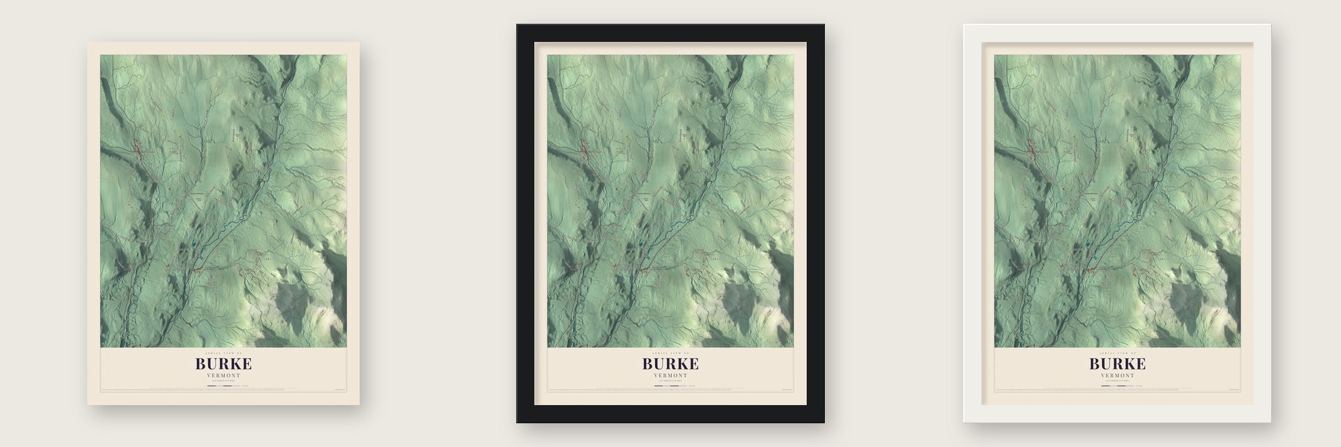 Burke, Vermont map unframed, in a black wood frame and in a white wood frame