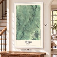 Burke, Vermont map, 24 x 36 inch print in a white frame by a staircase
