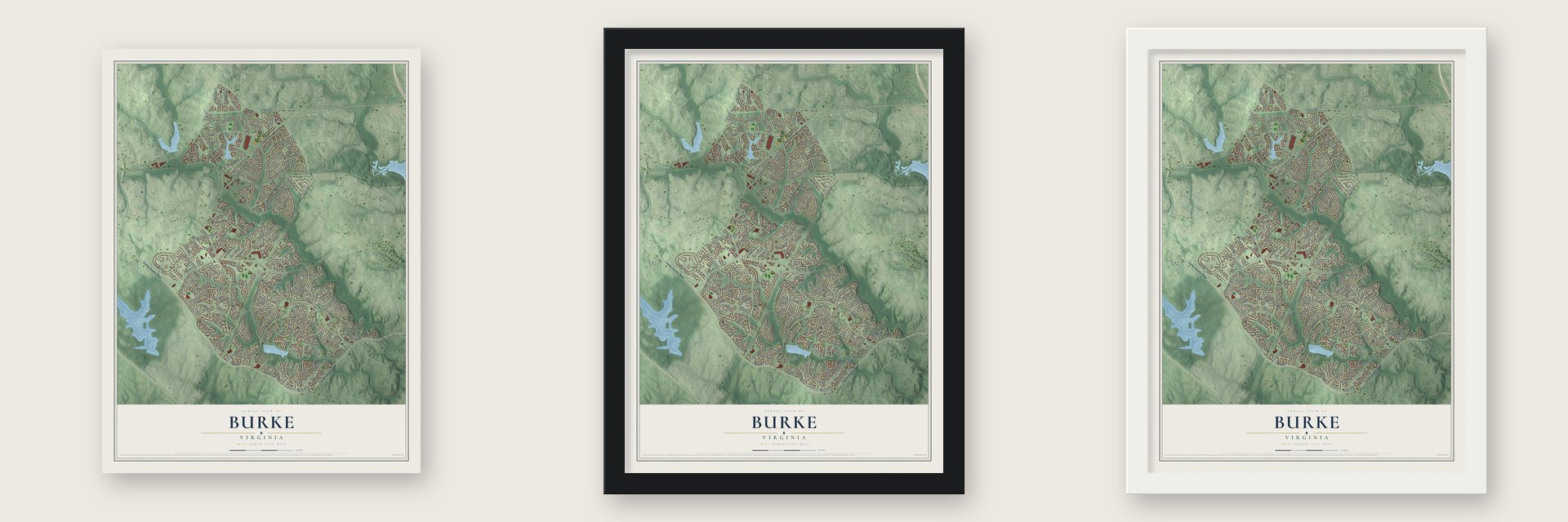 Burke, Virginia map unframed, in a black wood frame and in a white wood frame