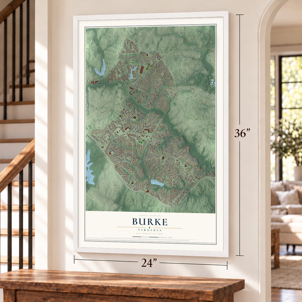 Burke, Virginia map, 24 x 36 inch print in a white frame by a staircase