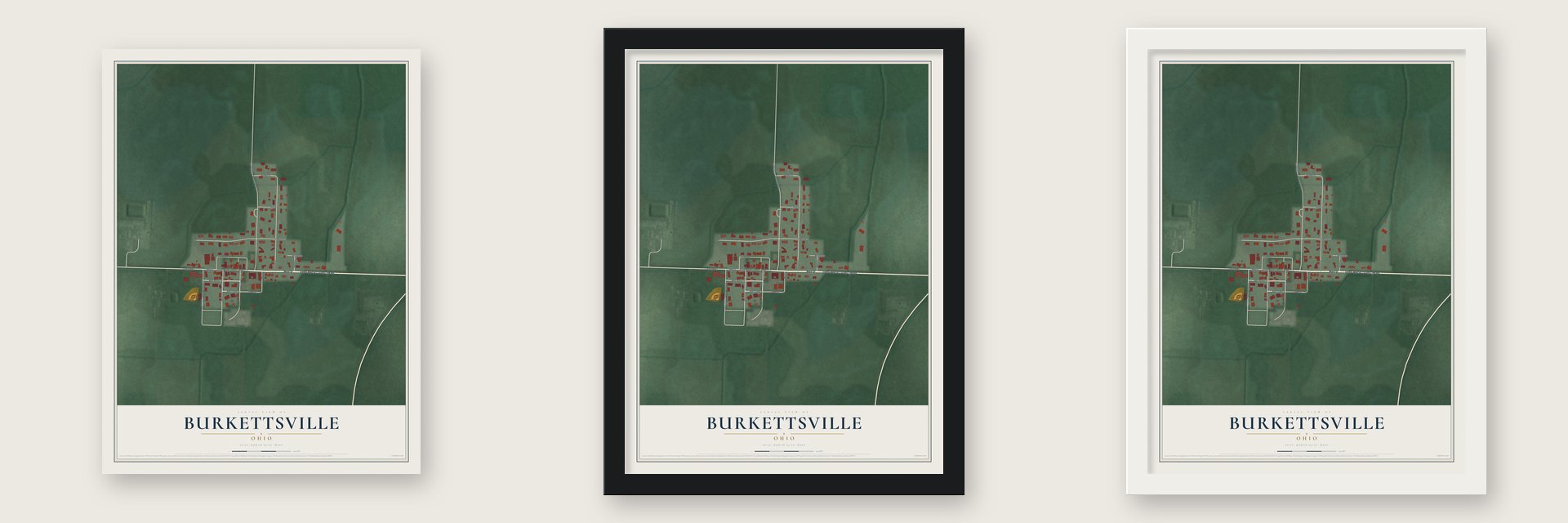 Burkettsville, Ohio map unframed, in a black wood frame and in a white wood frame
