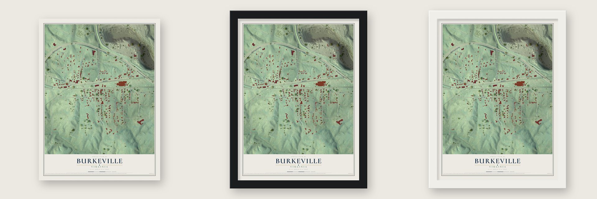 Burkeville, Virginia map unframed, in a black wood frame and in a white wood frame