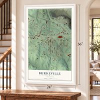 Burkeville, Virginia map, 24 x 36 inch print in a white frame by a staircase