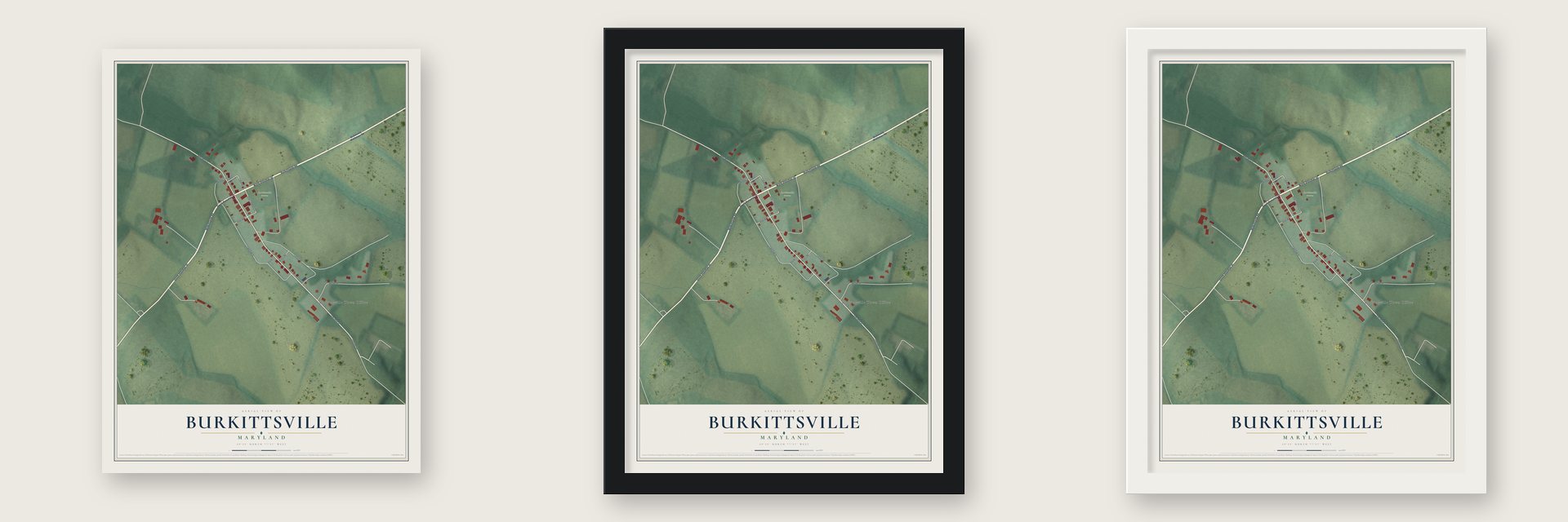 Burkittsville, Maryland map unframed, in a black wood frame and in a white wood frame