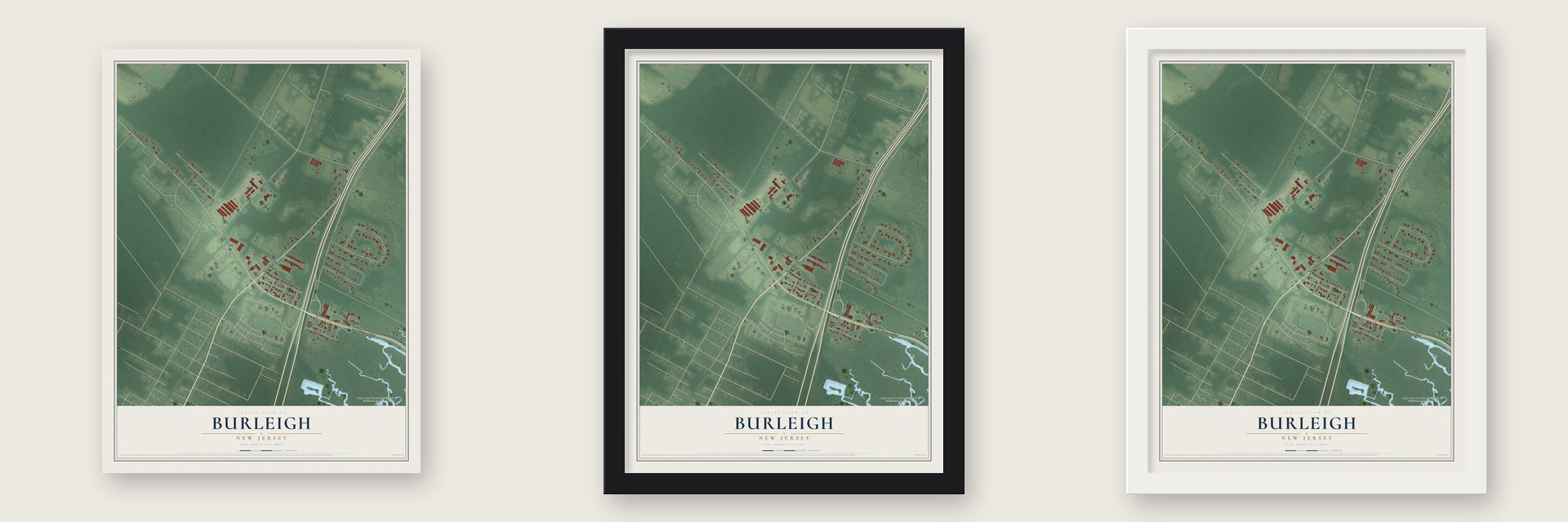 Burleigh, New Jersey map unframed, in a black wood frame and in a white wood frame