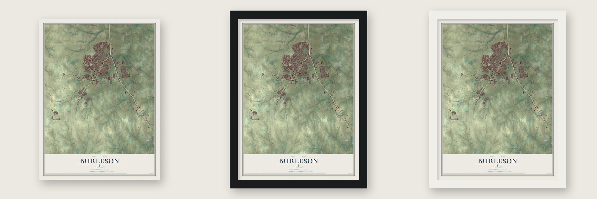 Burleson, Texas map unframed, in a black wood frame and in a white wood frame