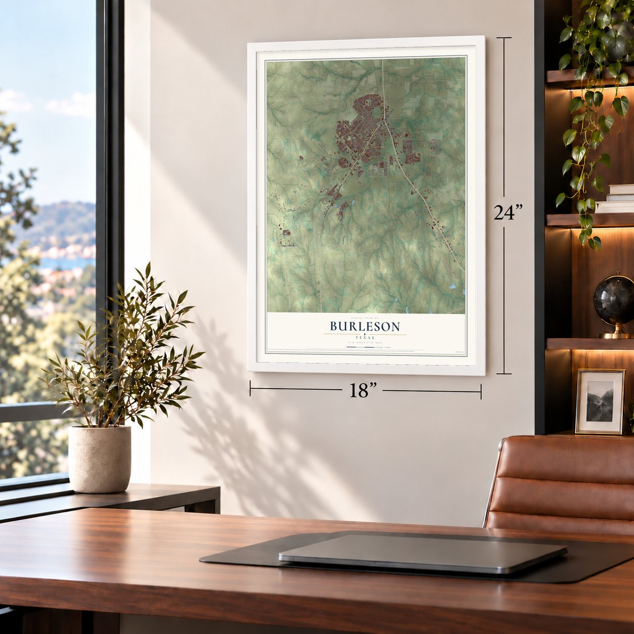 Burleson, Texas map, 18 x 24 inch print in a white frame in a home office
