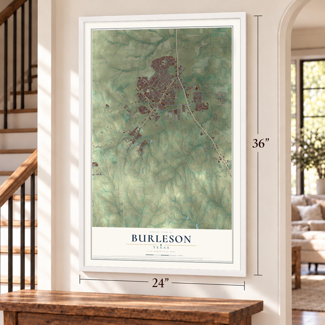 Burleson, Texas map, 24 x 36 inch print in a white frame by a staircase