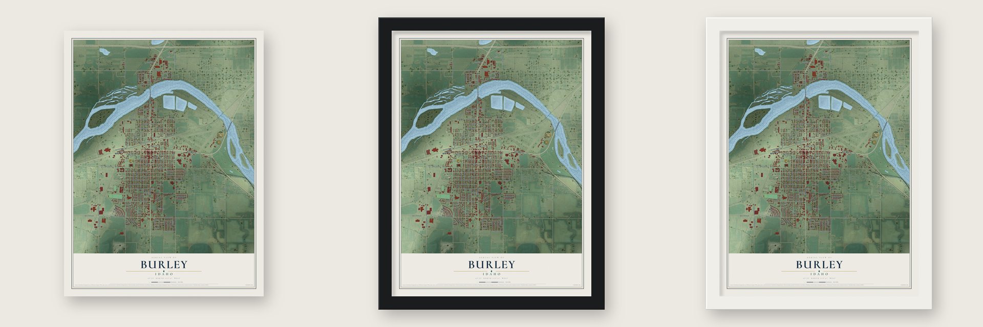Burley, Idaho map unframed, in a black wood frame and in a white wood frame
