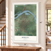 Burley, Idaho map, 24 x 36 inch print in a white frame by a staircase