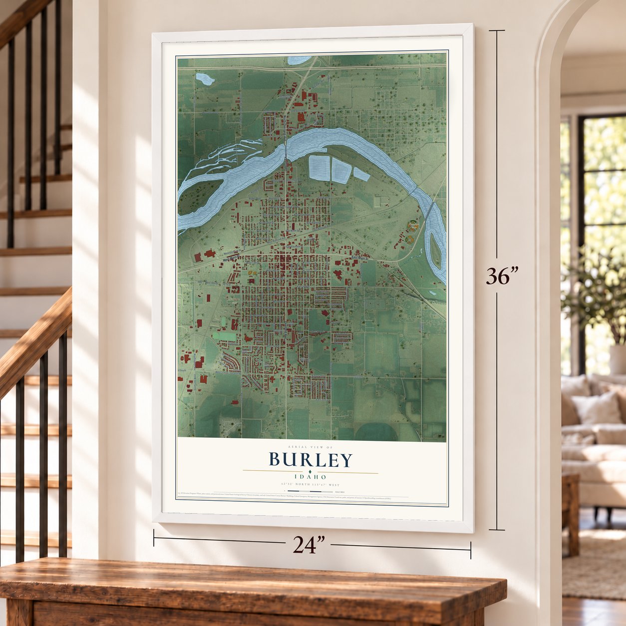 Burley, Idaho map, 24 x 36 inch print in a white frame by a staircase