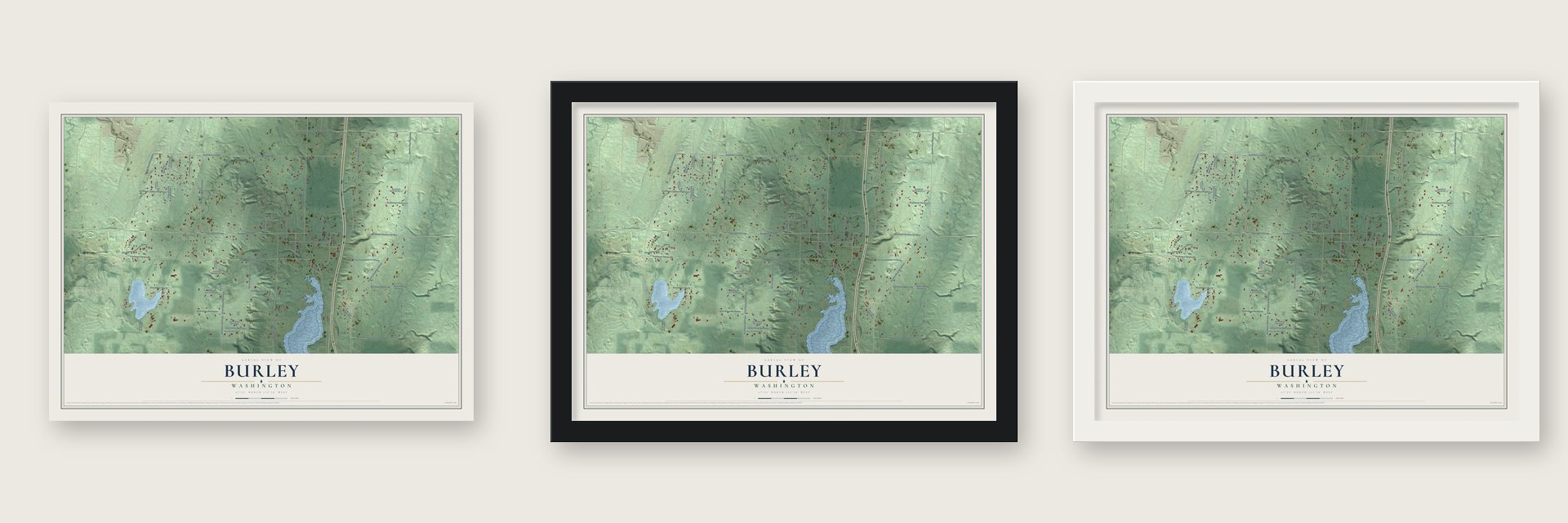Burley, Washington map unframed, in a black wood frame and in a white wood frame