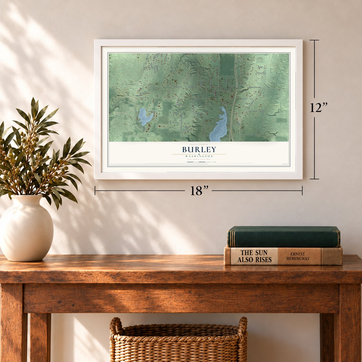 Burley, Washington map, 12 x 18 inch print in a white frame in an entryway