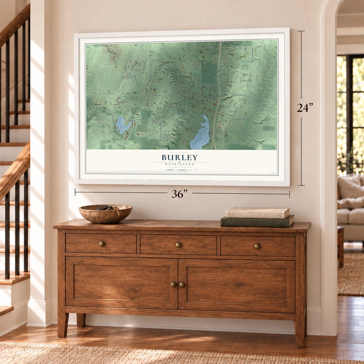 Burley, Washington map, 24 x 36 inch print in a white frame above a dresser by a staircase