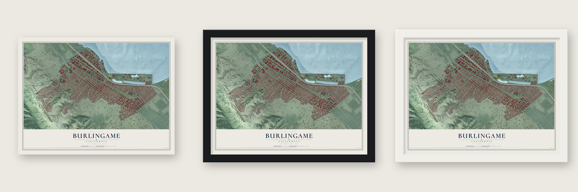 Burlingame, California map unframed, in a black wood frame and in a white wood frame