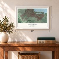 Burlingame, California map, 12 x 18 inch print in a white frame in an entryway