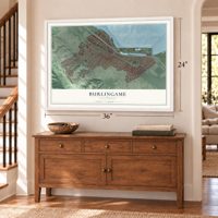 Burlingame, California map, 24 x 36 inch print in a white frame above a dresser by a staircase