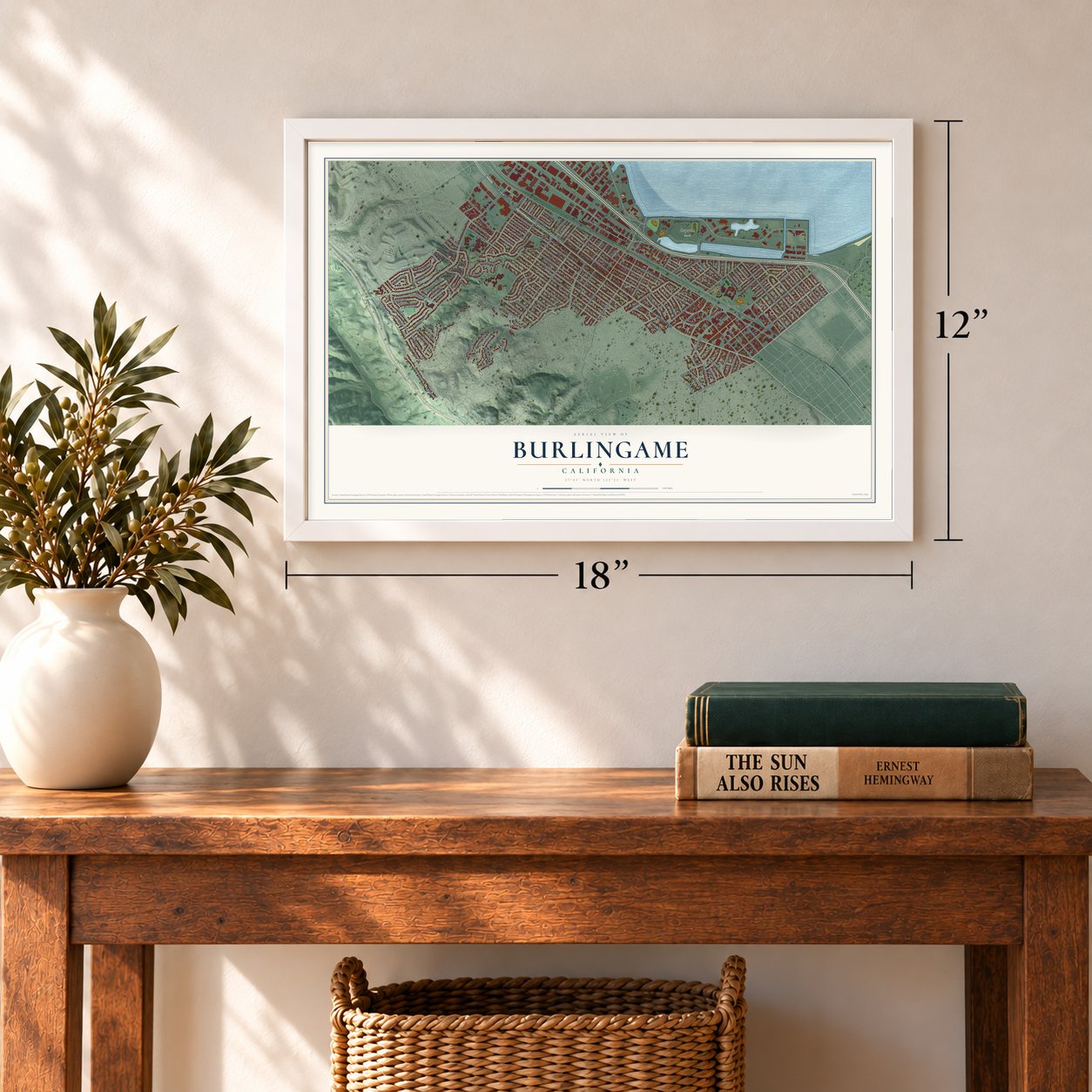 Burlingame, California map, 12 x 18 inch print in a white frame in an entryway