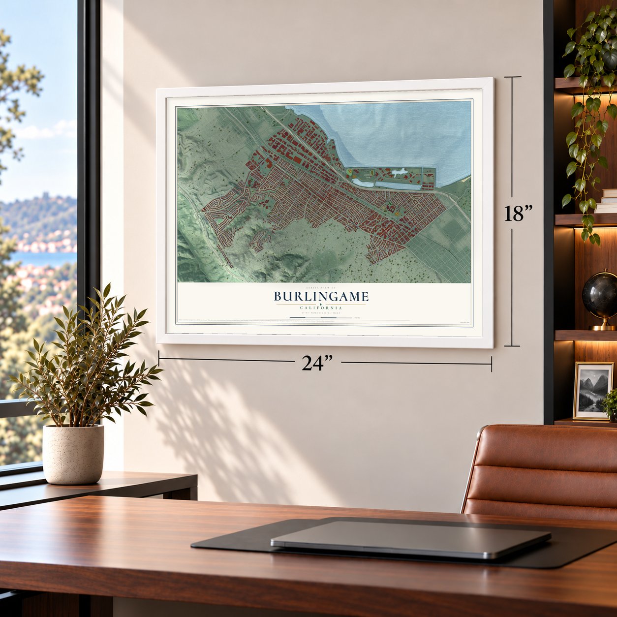 Burlingame, California map, 18 x 24 inch print in a white frame in a home office