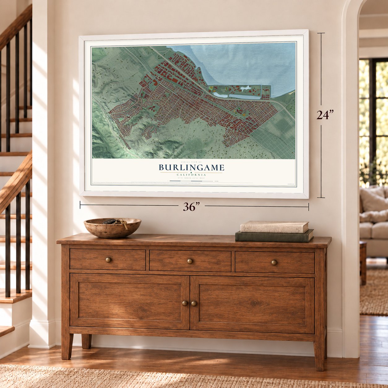 Burlingame, California map, 24 x 36 inch print in a white frame above a dresser by a staircase