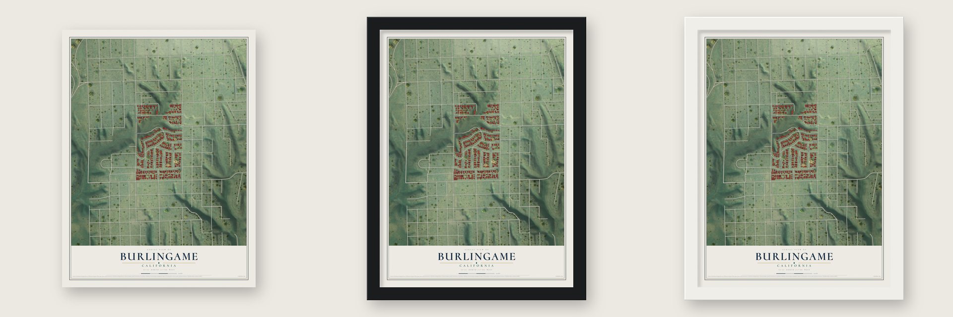 Burlingame, San Diego, California map unframed, in a black wood frame and in a white wood frame