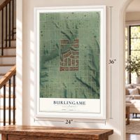 Burlingame, San Diego, California map, 24 x 36 inch print in a white frame by a staircase
