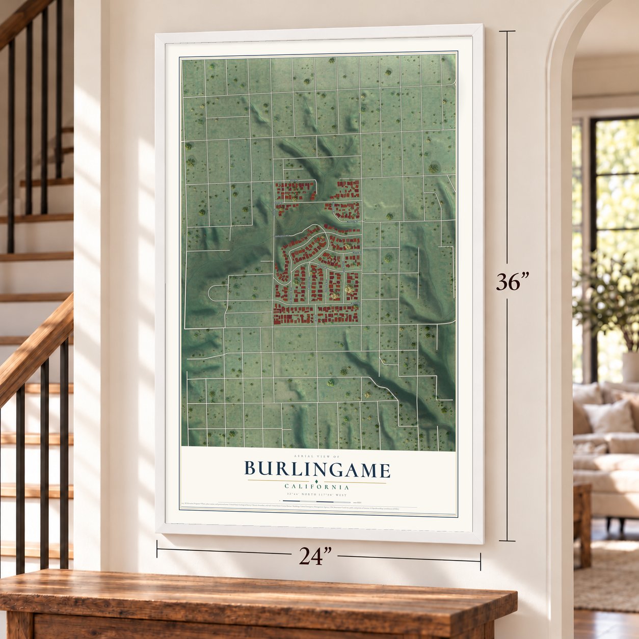 Burlingame, San Diego, California map, 24 x 36 inch print in a white frame by a staircase