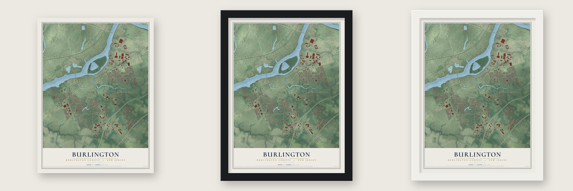 Burlington, Burlington County, New Jersey map unframed, in a black wood frame and in a white wood frame