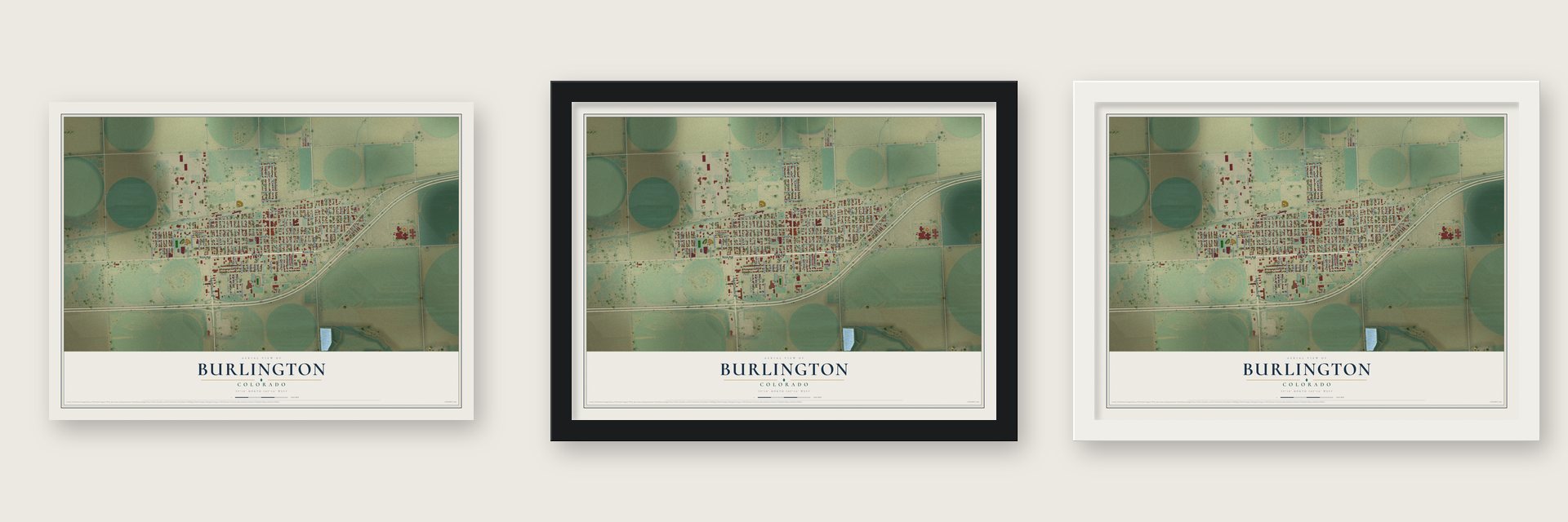 Burlington, Colorado map unframed, in a black wood frame and in a white wood frame