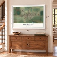 Burlington, Colorado map, 24 x 36 inch print in a white frame above a dresser by a staircase
