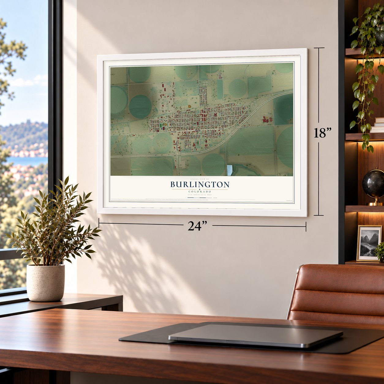 Burlington, Colorado map, 18 x 24 inch print in a white frame in a home office