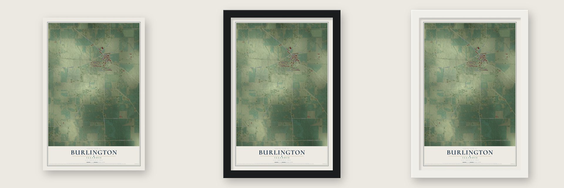 Burlington, Illinois map unframed, in a black wood frame and in a white wood frame