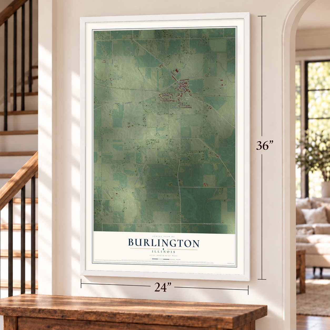 Burlington, Illinois map, 24 x 36 inch print in a white frame by a staircase
