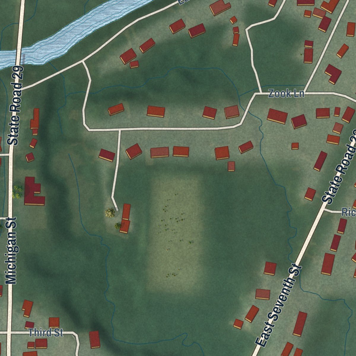 Second close-up of the map of Burlington, Indiana print showing more streets and buildings