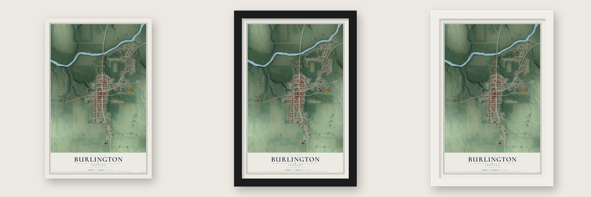 Burlington, Indiana map unframed, in a black wood frame and in a white wood frame