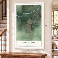 Burlington, Indiana map, 24 x 36 inch print in a white frame by a staircase