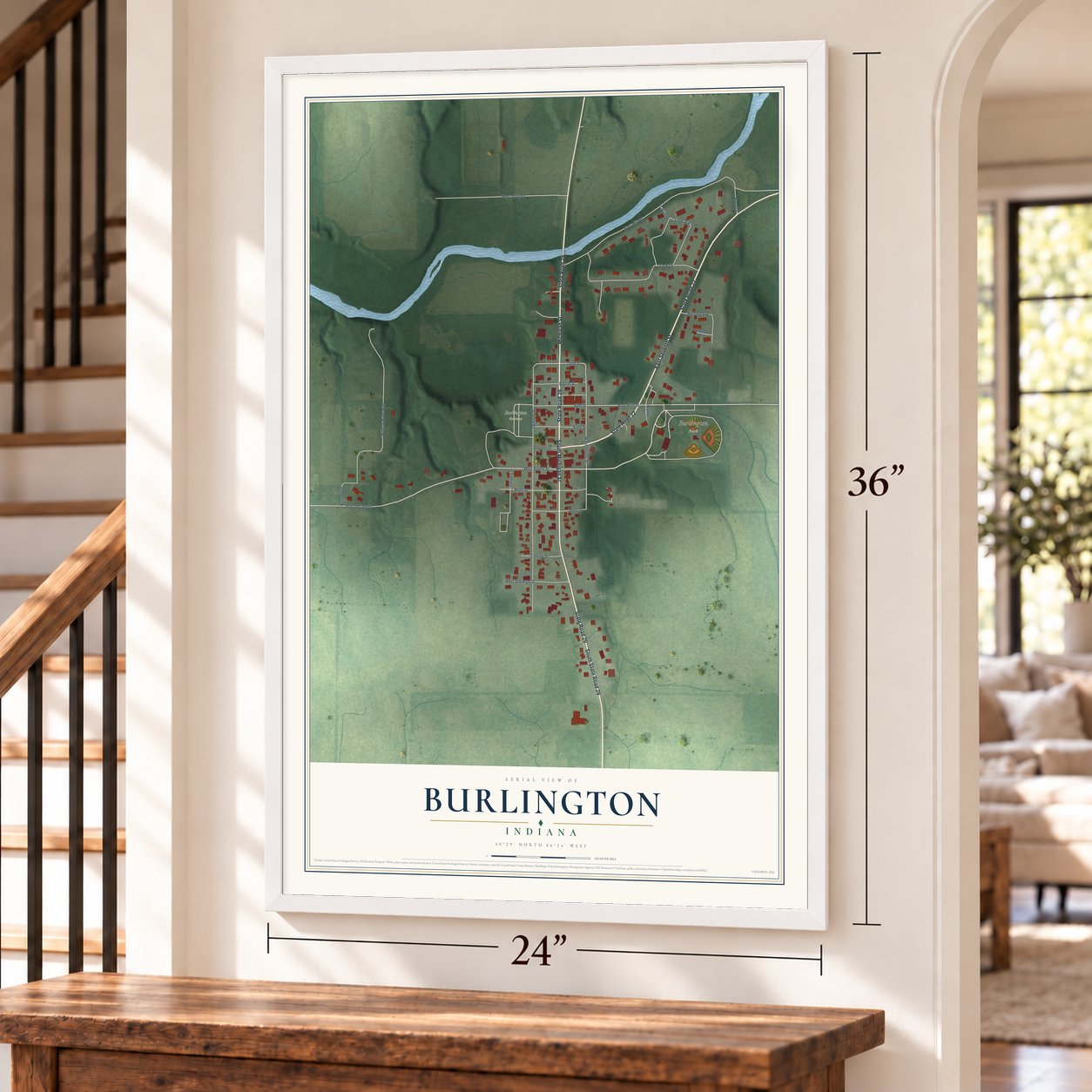 Burlington, Indiana map, 24 x 36 inch print in a white frame by a staircase
